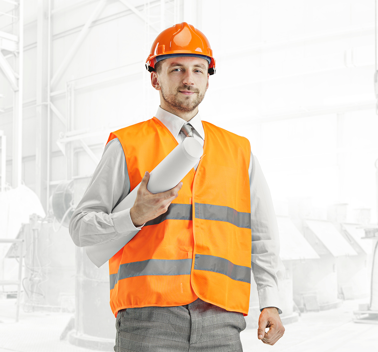 The builder in a construction vest and orange helmet standing against industrial background. Safety specialist, engineer, industry, architecture, manager, occupation, businessman, job concept